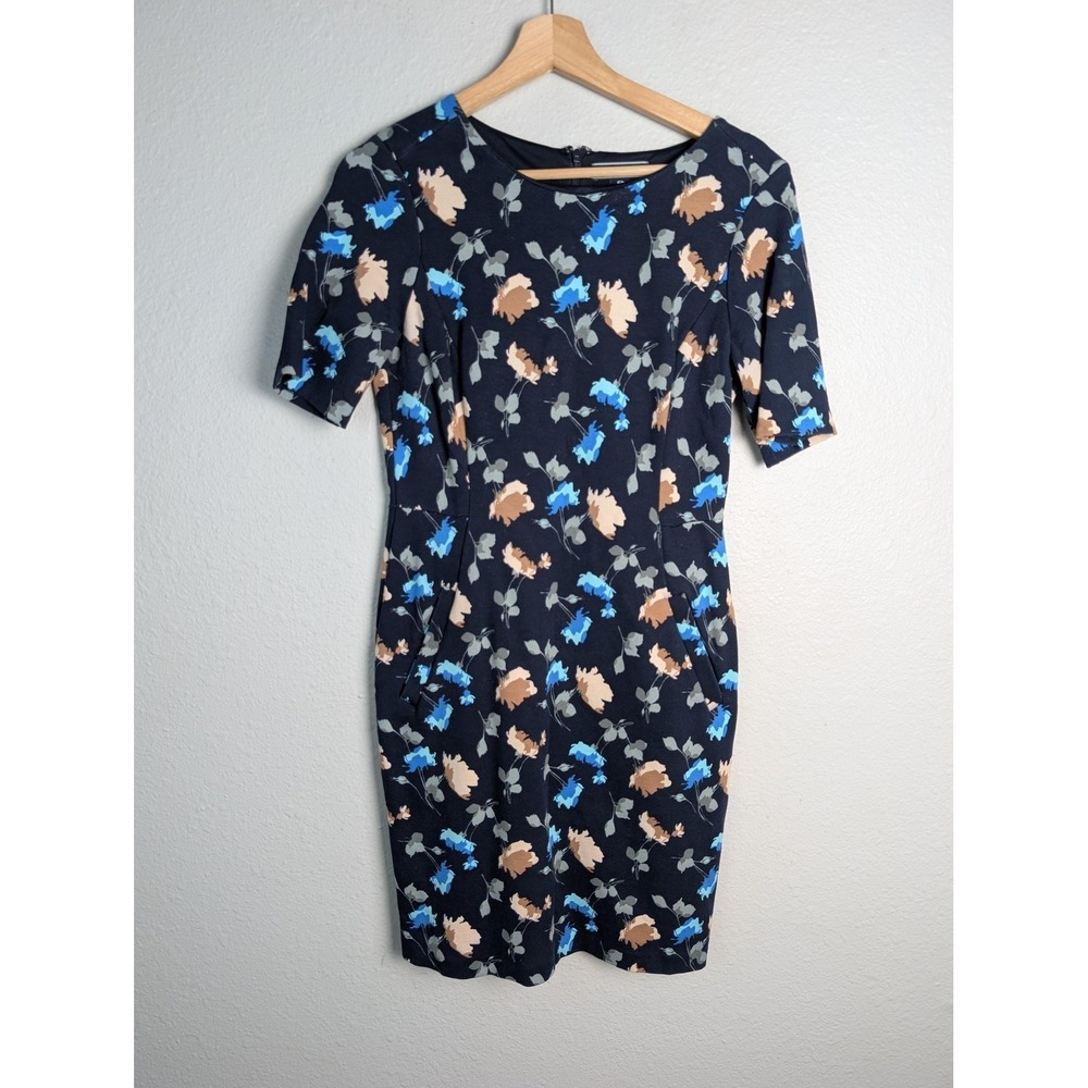 Lands' End Dress Womens 6P Blue Knee Length Sheath Short Sleeve Boat Neck Floral